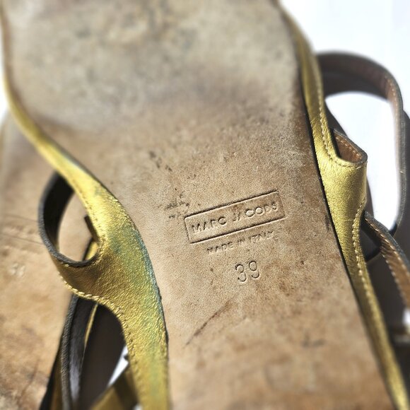 Marc Jacobs Gold Bow Studs Leather Buckle Flats Gladiator Wedding Sandals 39 8.5 - Picture 11 of 12